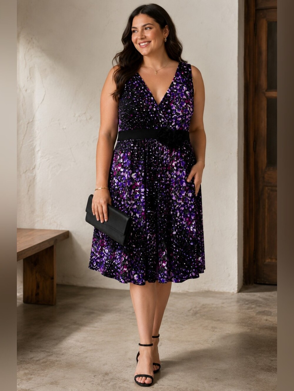 Apt. 9 Black and Purple Floral V-Neck Dress - Size Large